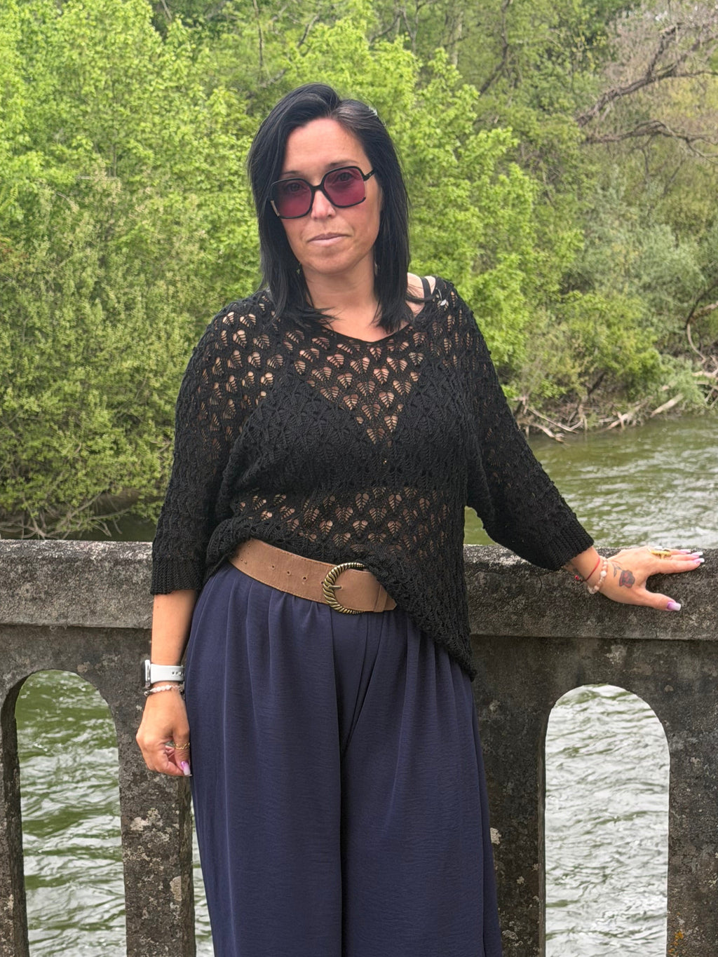 Pull Maille Ajourée Col V – Manches 3/4